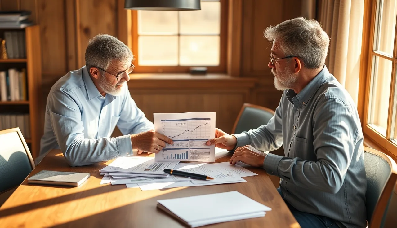 Two people reviewing investment statements at a table during divorce proceedings