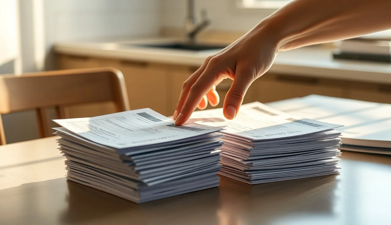 Two stacks of credit card statements on a kitchen table being sorted during divorce proceedings