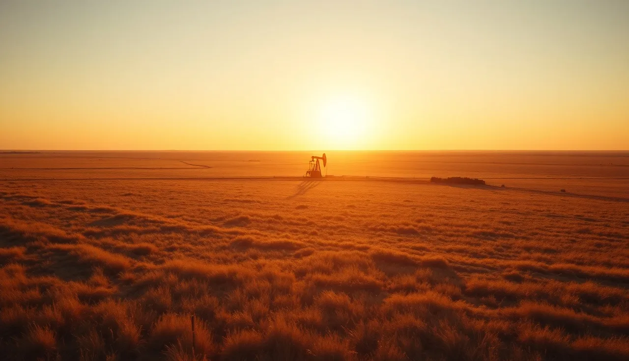 Aerial view of West Texas ranch land with distant pump jack at sunset