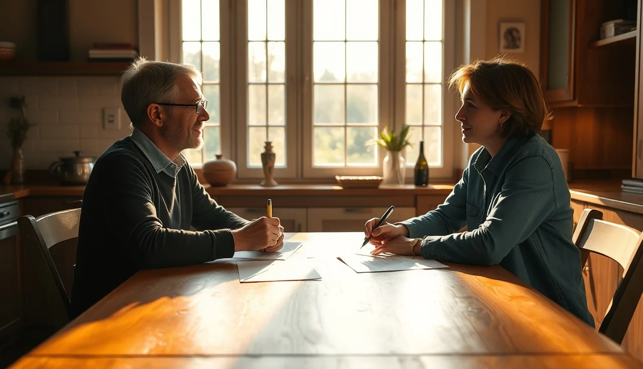 Two people reviewing property settlement agreement papers at a kitchen table
