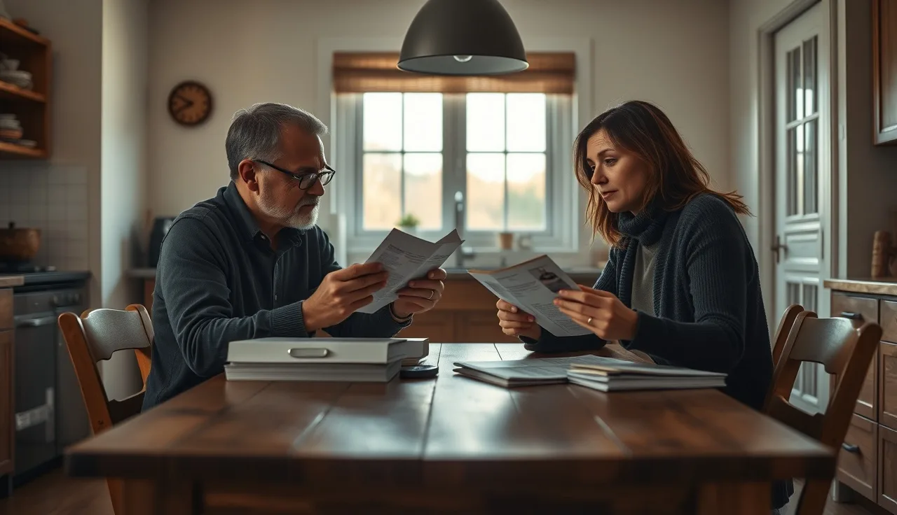 Two adults reviewing printed marital settlement agreement documents at a kitchen table