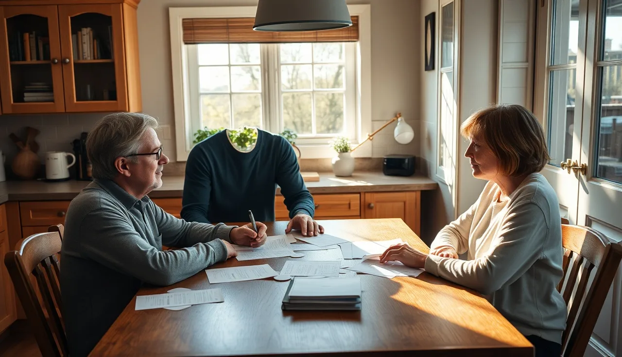Two people reviewing separation agreement paperwork at a kitchen table