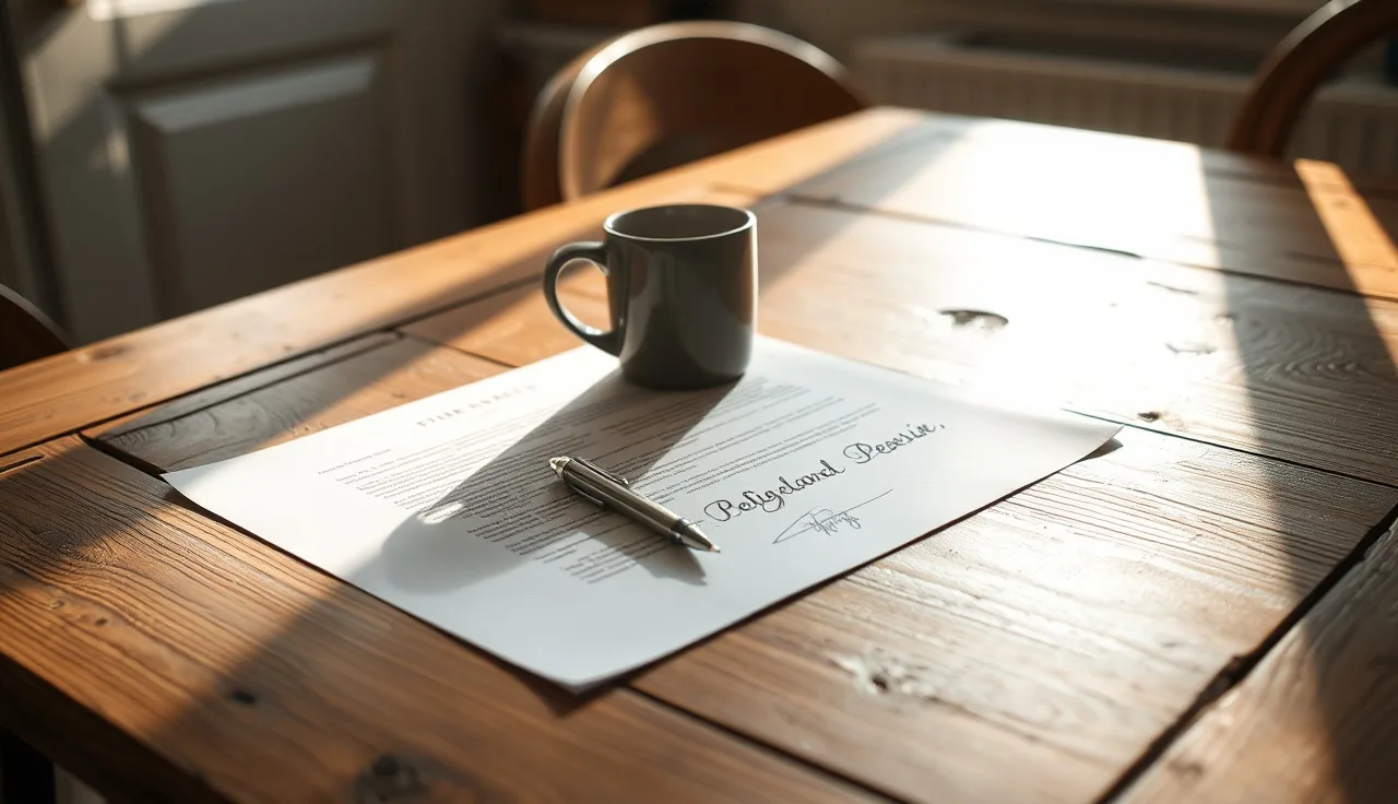 Signed prenuptial agreement document on a kitchen table beside a coffee mug