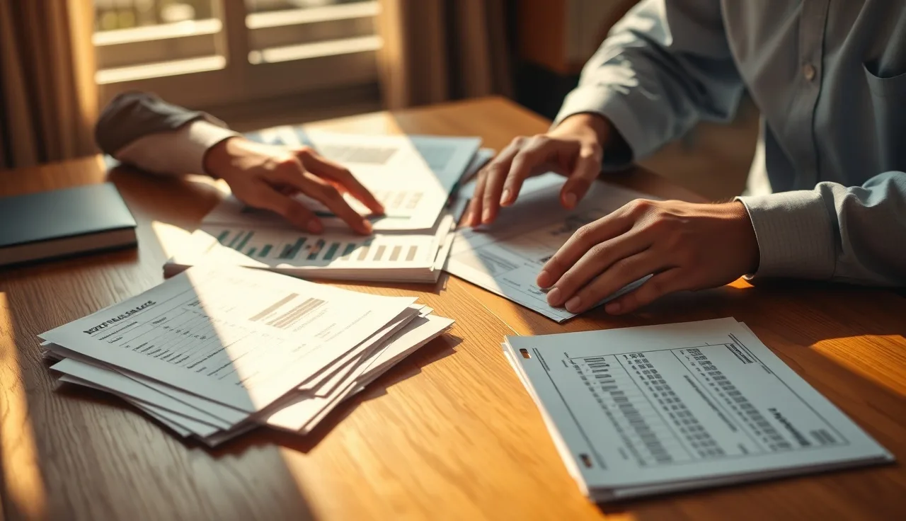 Two people sorting financial folders on a wooden table during divorce document exchange