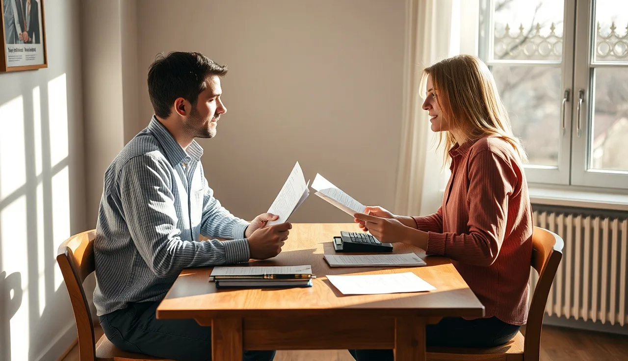 Two people reviewing a property settlement document at a table in natural light