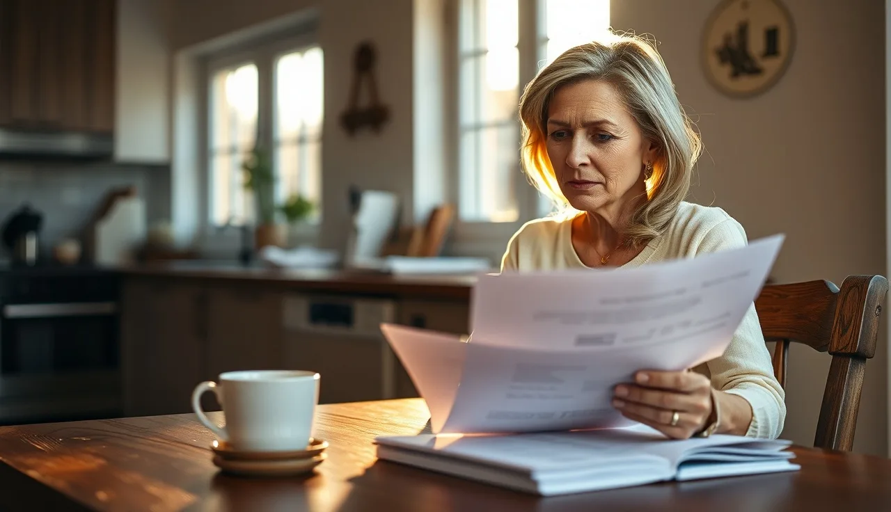 Woman reviewing pension and divorce documents at a kitchen table in afternoon light