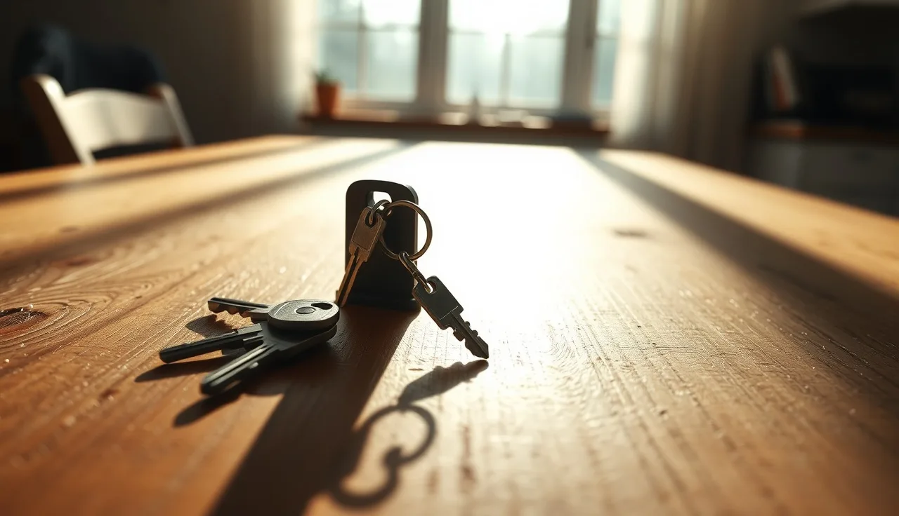Two sets of apartment keys on a table, one pushed aside after divorce
