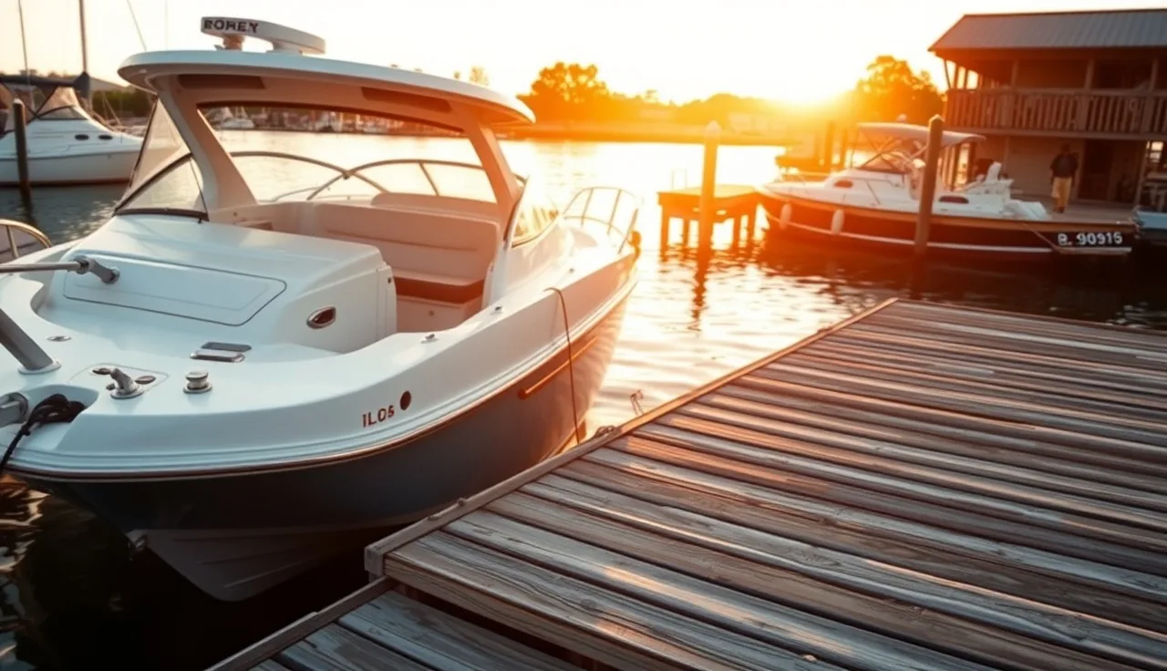 White motorboat moored at a wooden dock during golden hour, divorce property division