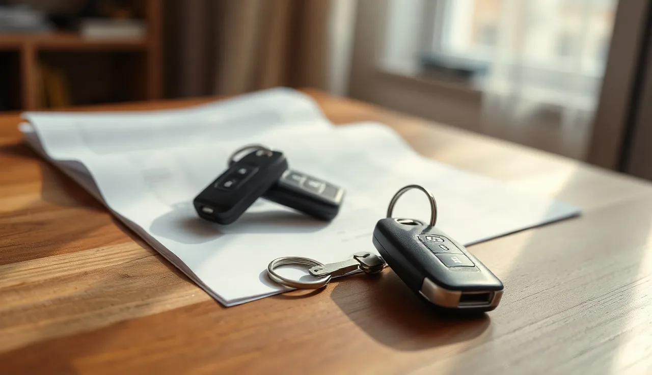 Two car keys on a table next to divorce settlement documents in morning light