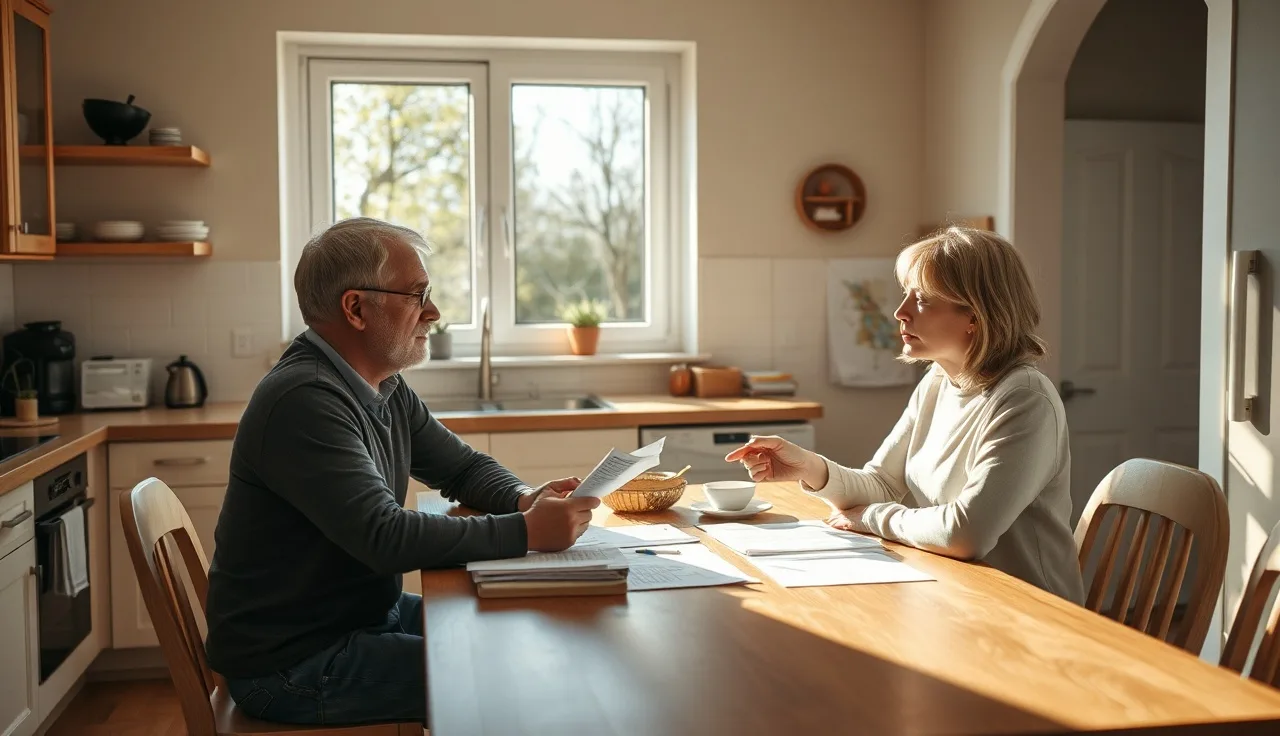 Two people reviewing divorce settlement papers at a kitchen table