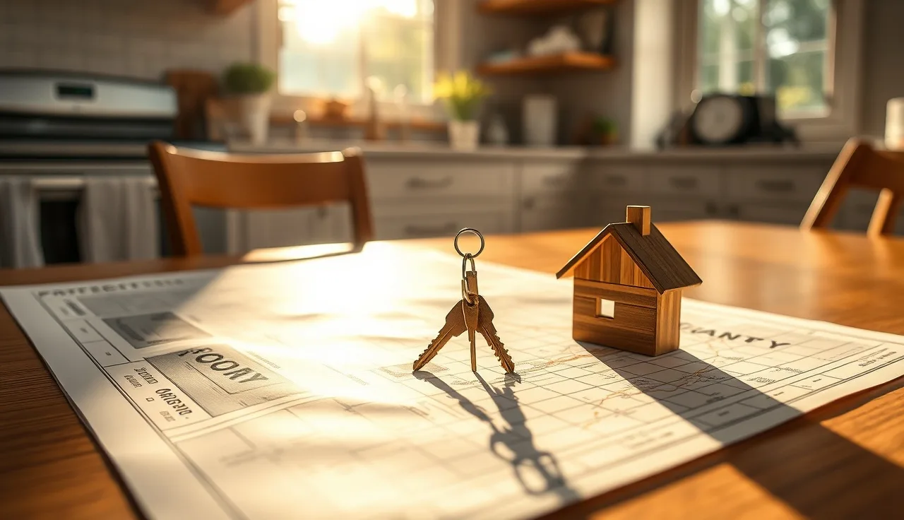 Two house keys on a county property map showing multi-state real estate in divorce