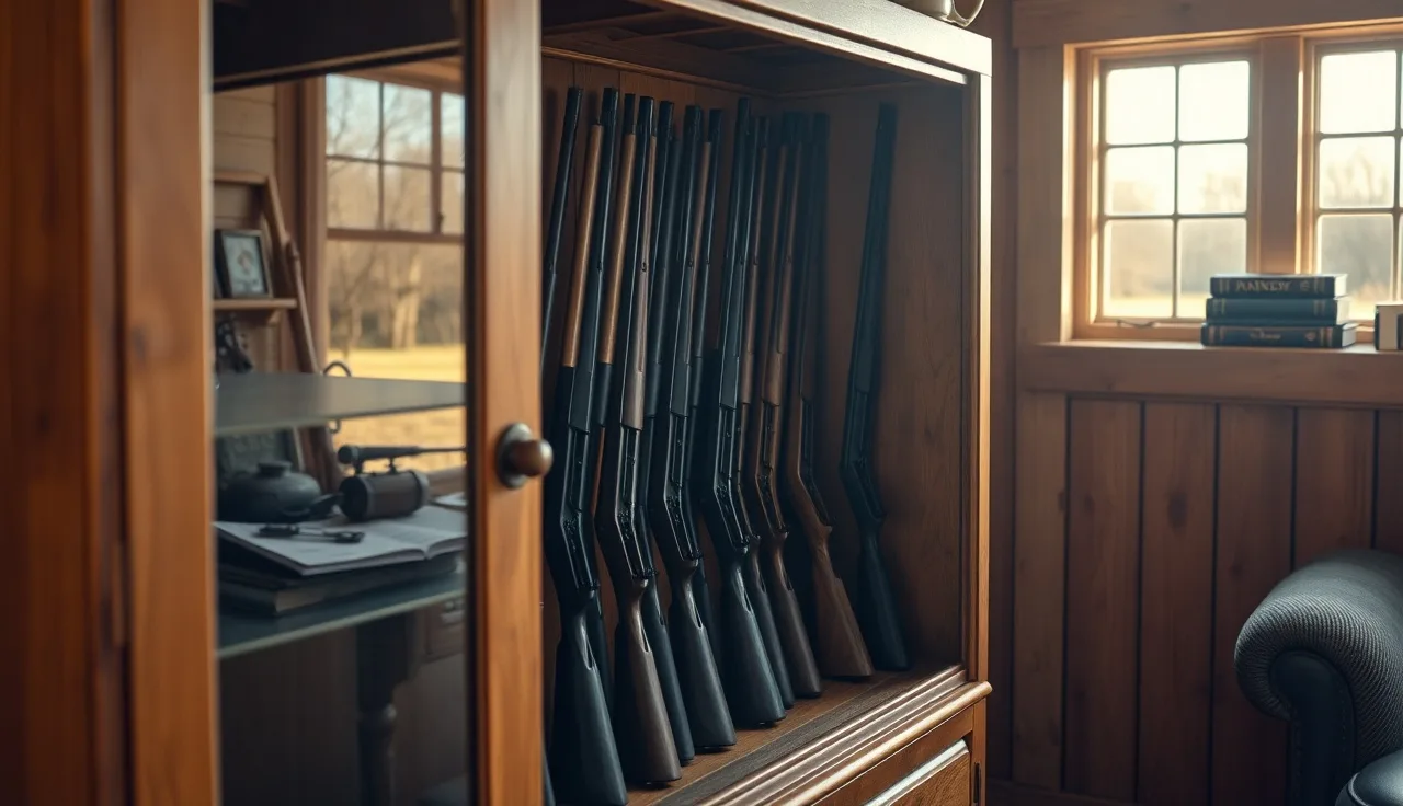Wooden gun cabinet holding rifles and shotguns in a quiet home interior