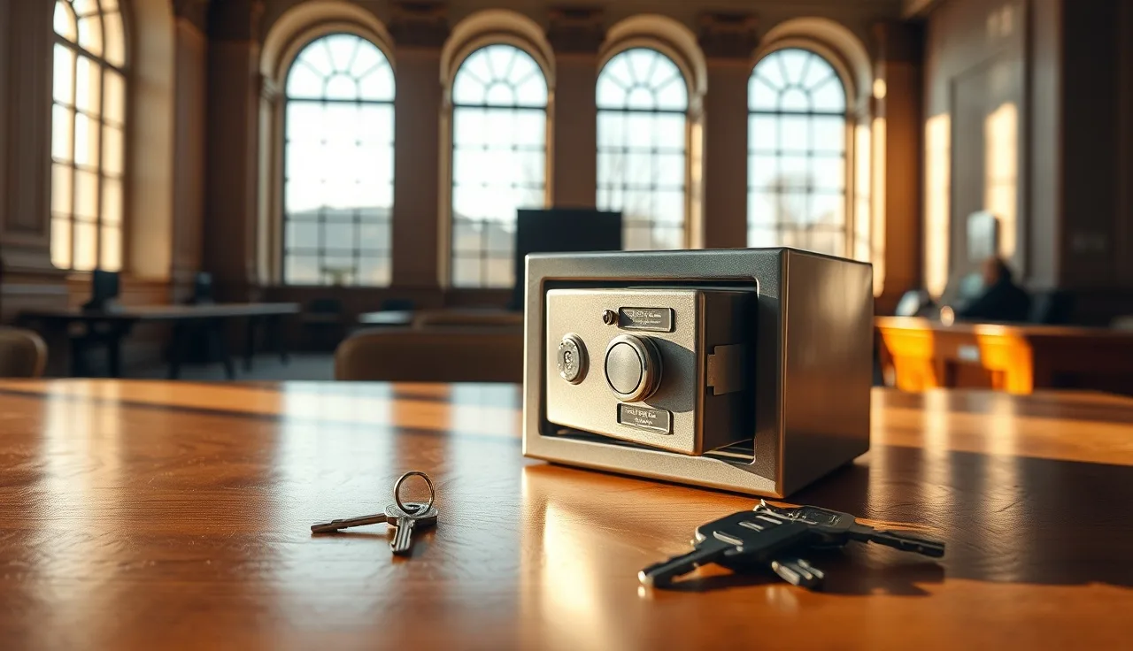 Open joint safe deposit box on a bank table with two sets of keys