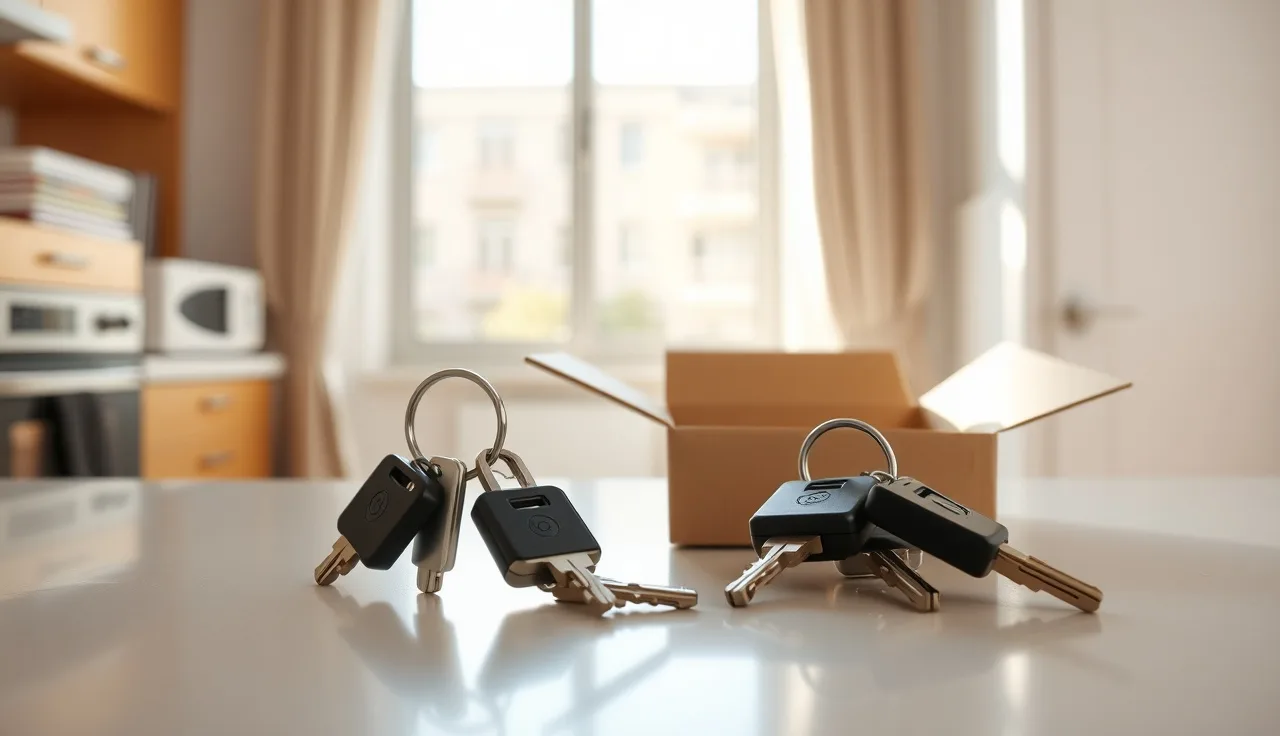 Two sets of apartment keys on a counter, one inside a moving box during divorce
