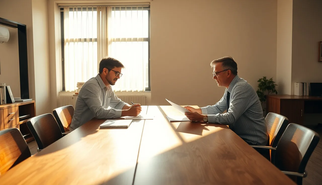 Two people reviewing military pension division paperwork at a sunlit table