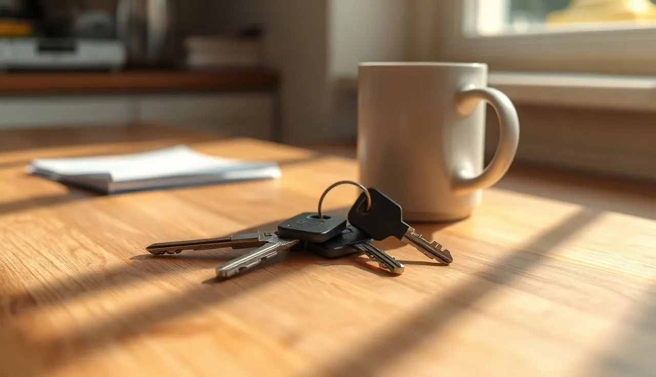 House keys on a wooden table during a divorce mortgage decision
