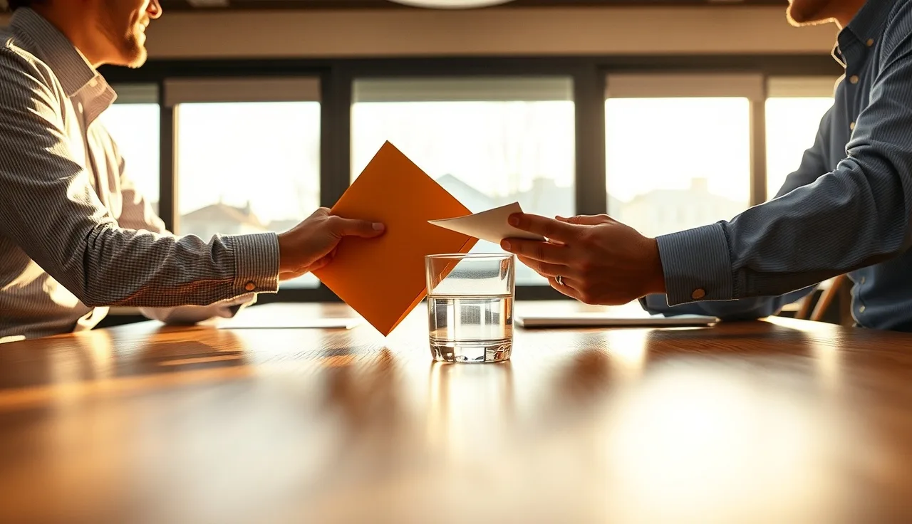 Two people at a conference table exchanging documents in partnership interest divorce discussion