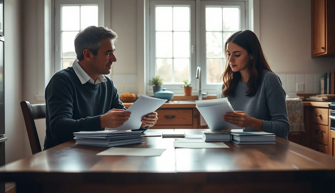 Two people reviewing separate documents at a kitchen table during a postnuptial divorce discussion