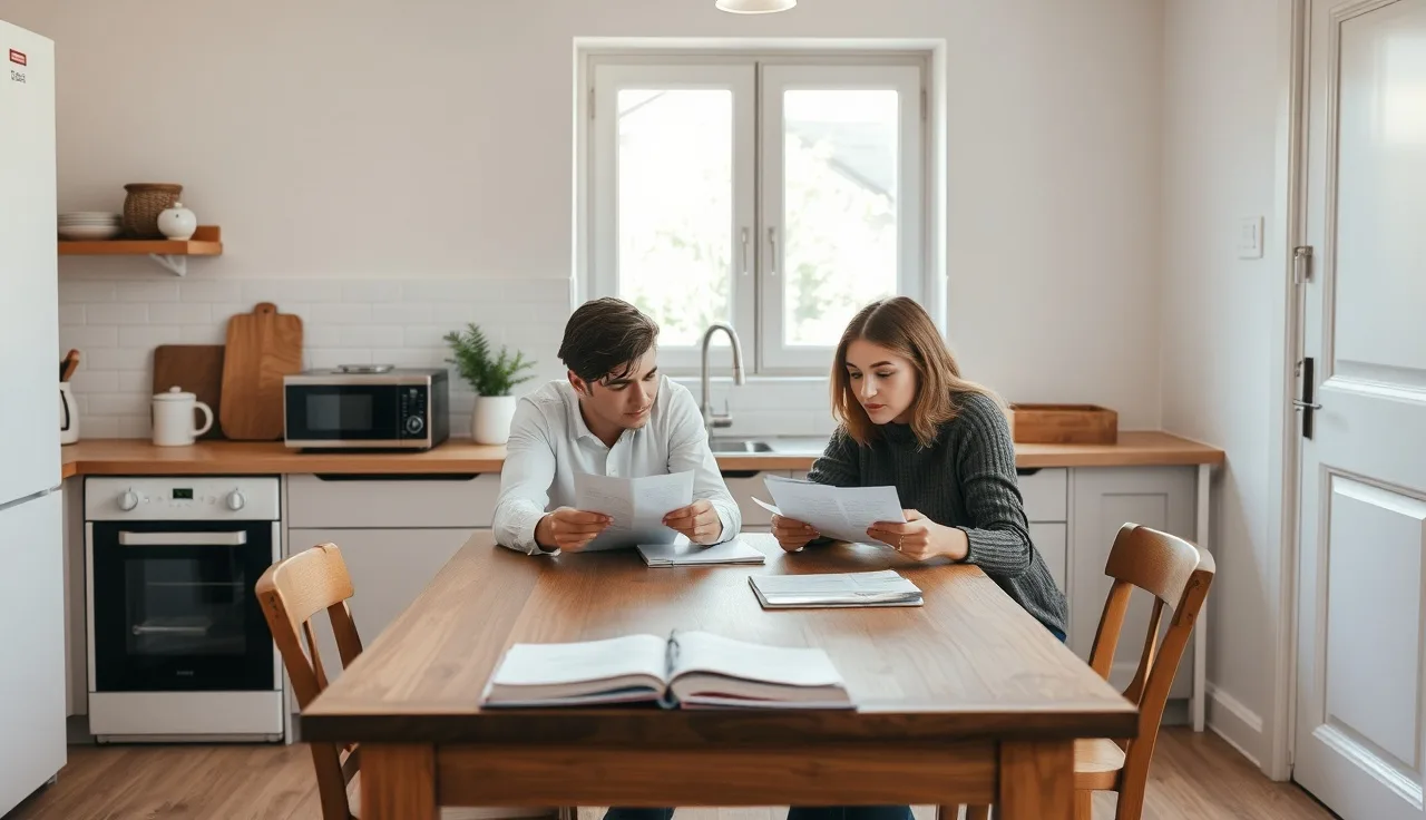 Two people reviewing divorce documents at a kitchen table with prenuptial agreement