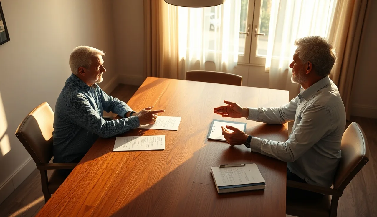 Two people reviewing documents at a table during a divorce discussion about professional credentials