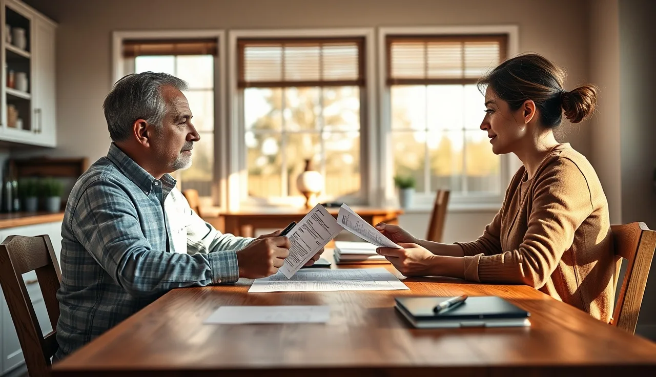 Two people reviewing financial documents at a table during divorce settlement discussion