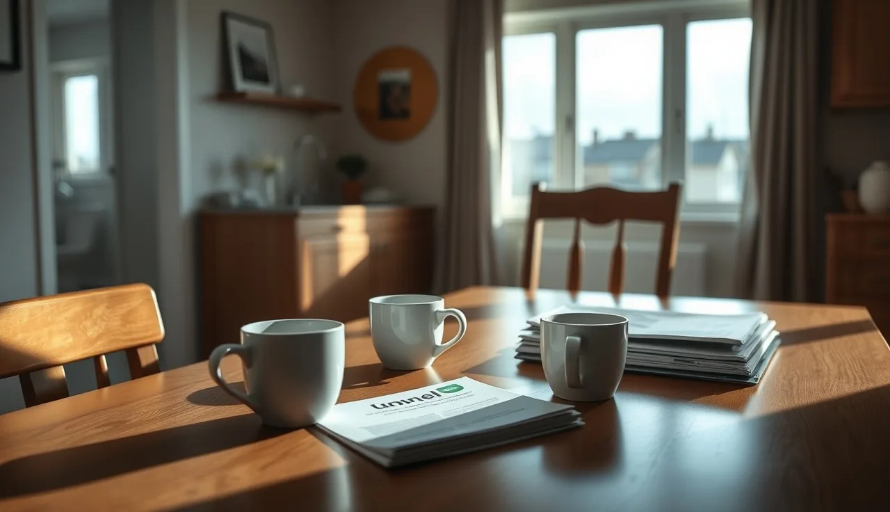 Empty kitchen table with two coffee cups and closed folder, symbolizing marital financial dispute