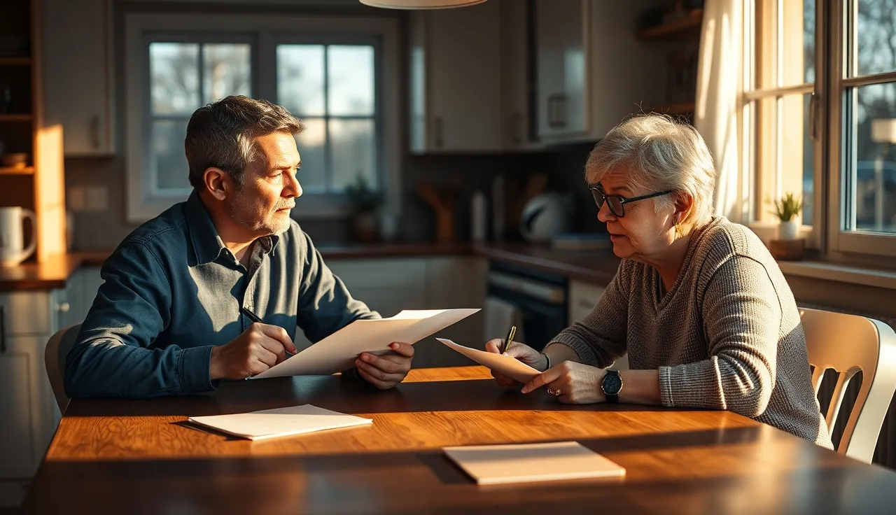 Two adults reviewing alimony paperwork at a kitchen table during an uncontested divorce