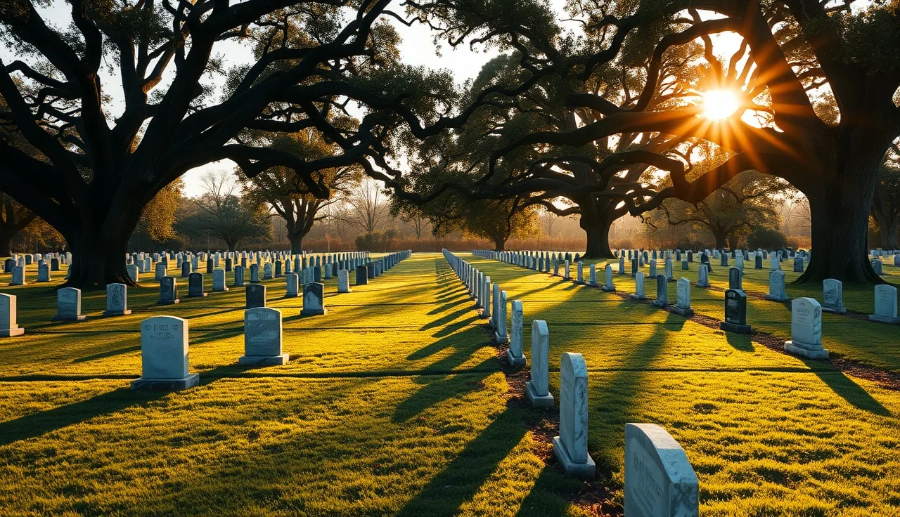 Cemetery at golden hour with marble headstones and oak trees, peaceful scene