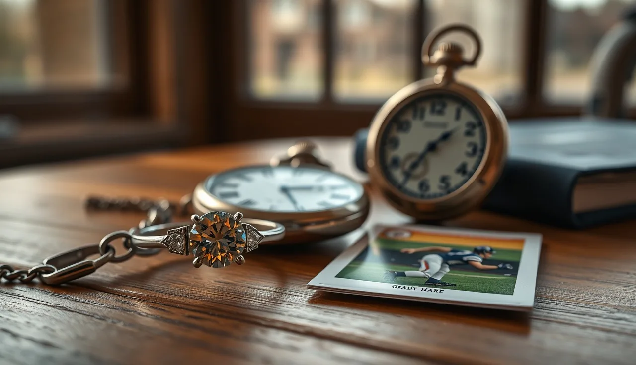 Diamond ring, vintage watch, and graded trading card arranged on a wooden table for jewelry and collectibles valuation in divorce