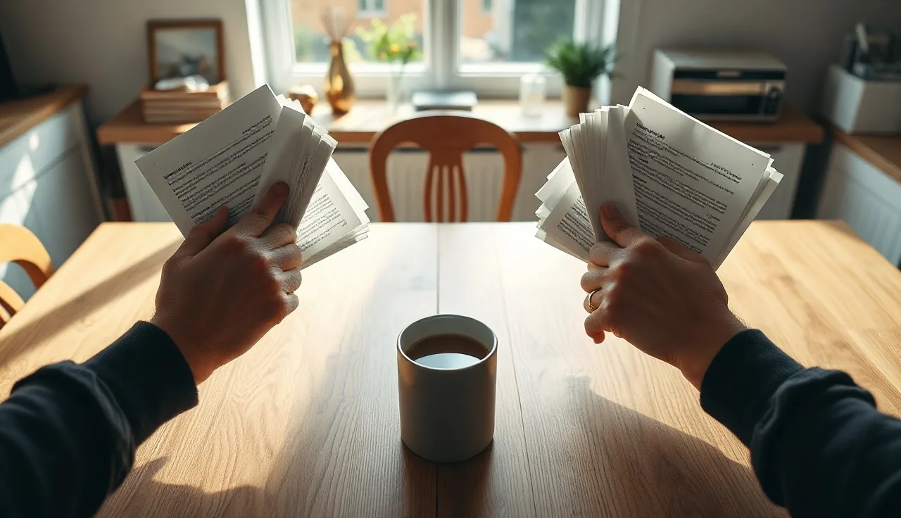 Two people dividing paperwork at a kitchen table during a divorce discussion