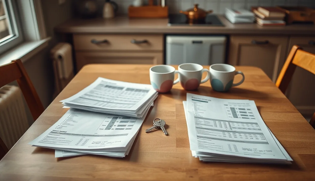 Two piles of financial documents separated on a kitchen table with a house key between them