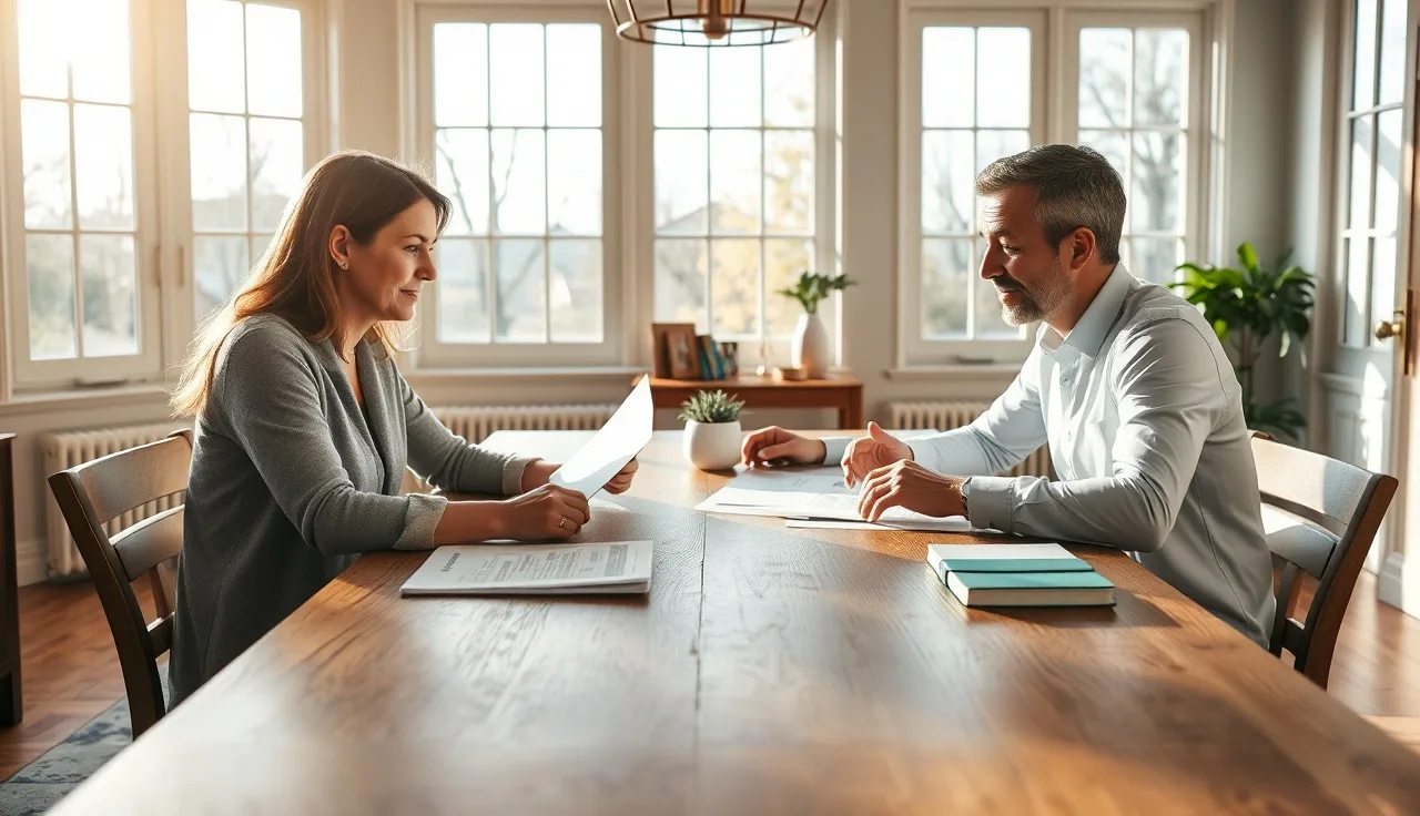 Two people reviewing deferred compensation documents at a table during divorce settlement