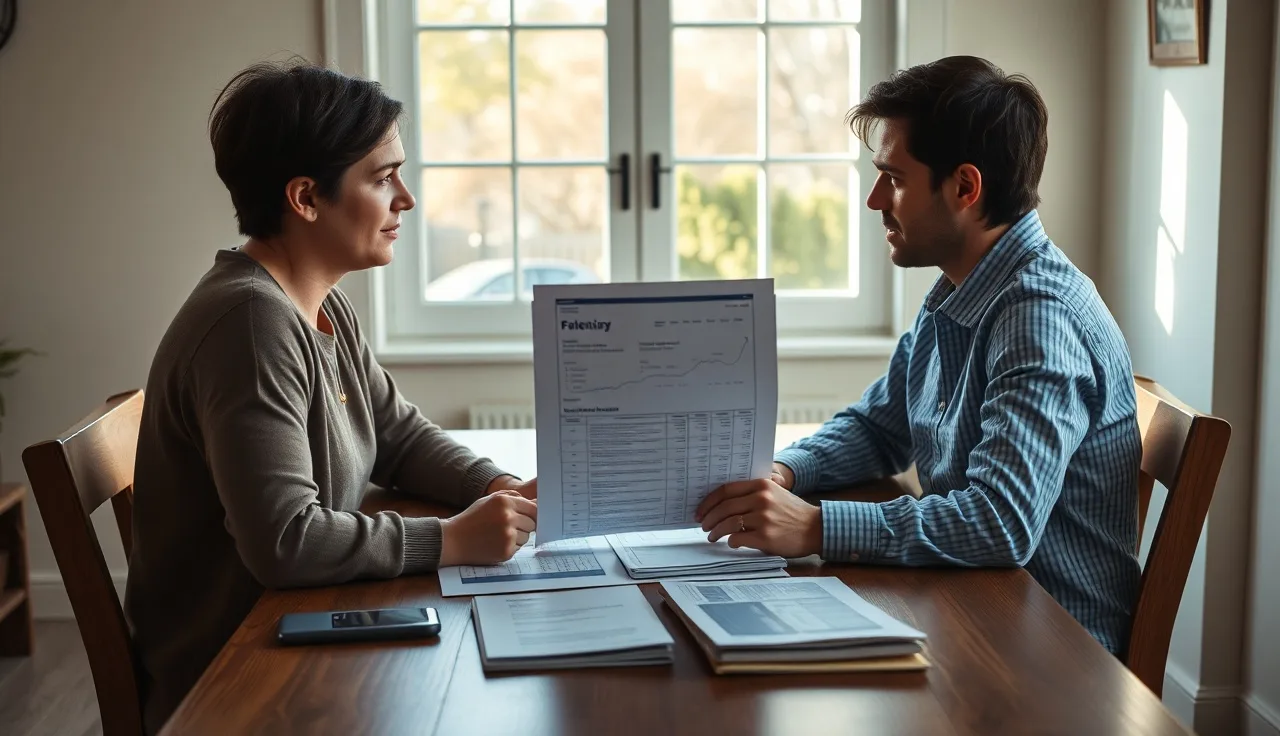 Two people reviewing stock account documents at a table during divorce property division