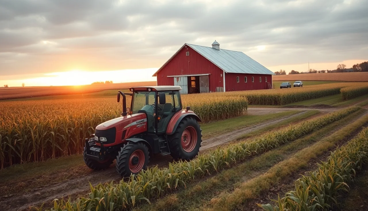 Tractor parked beside a red barn on a midwestern farm at golden hour