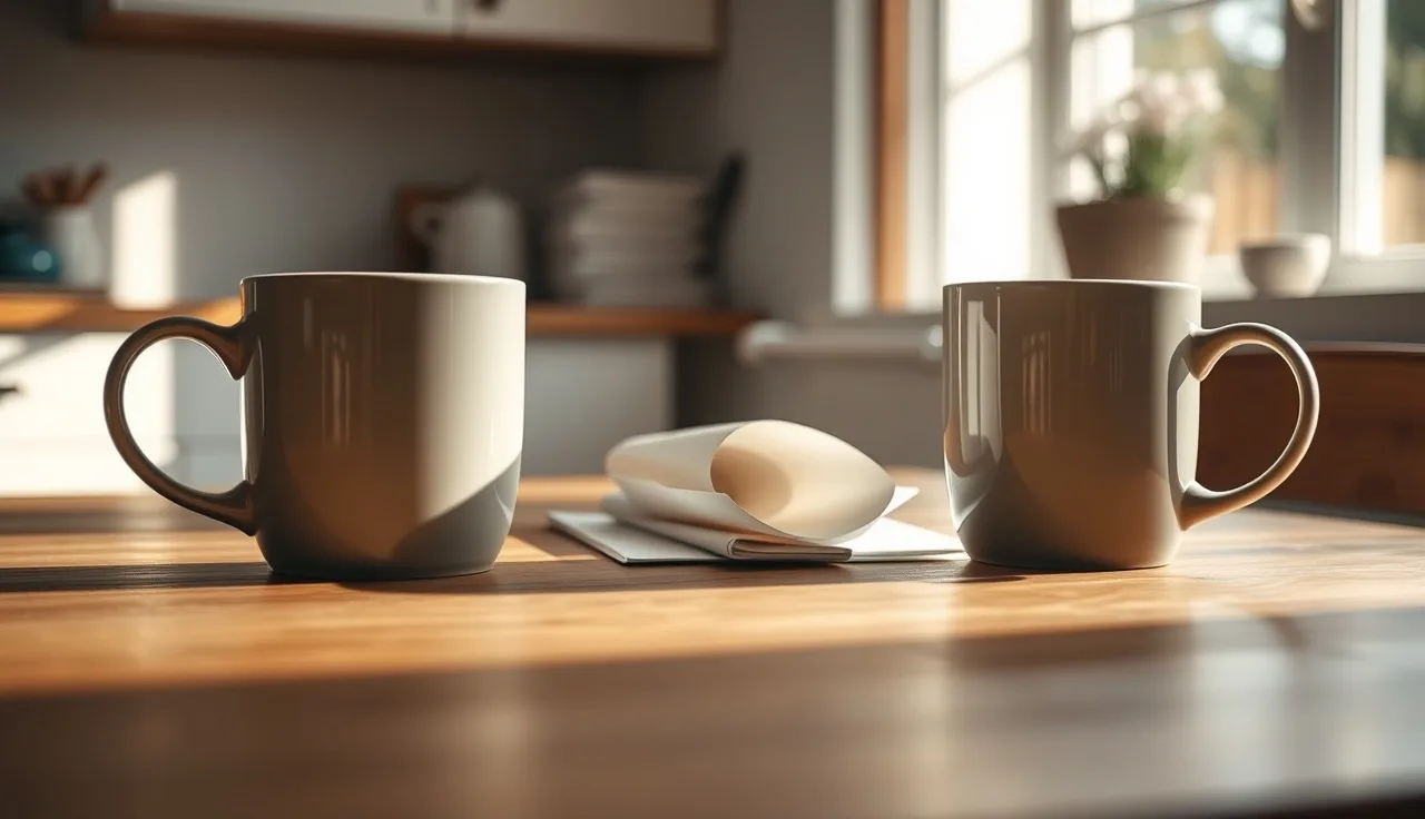 Two coffee mugs separated on a table with divorce documents between them