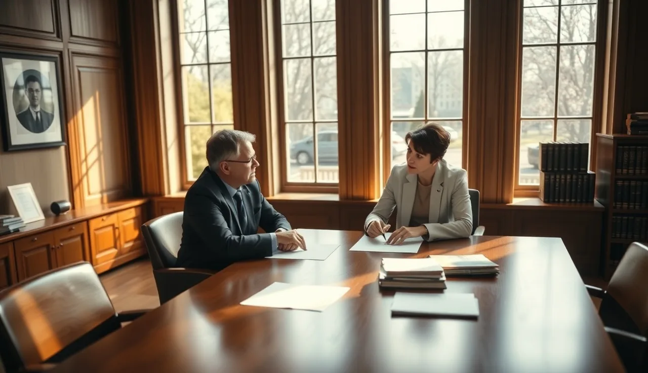 Two people at a wooden table reviewing professional practice documents during divorce proceedings