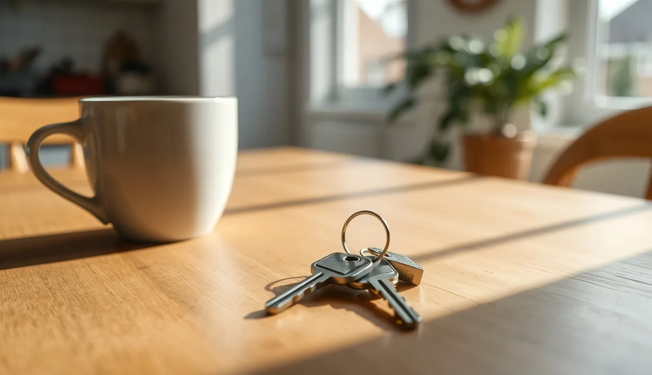 House keys on a wooden table during a divorce property dispute