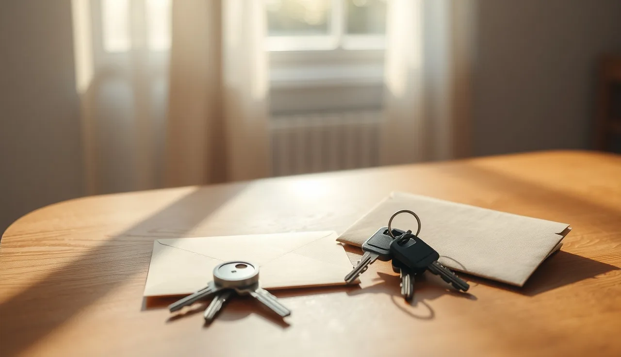 House keys on a kitchen table beside an envelope after a divorce property transfer
