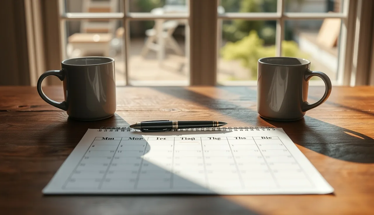 Two coffee mugs separated on a table with a calendar between them representing divorce separation date