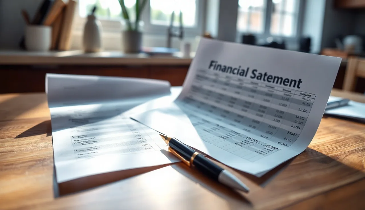 Financial account statements and a pen on a kitchen table during divorce paperwork review