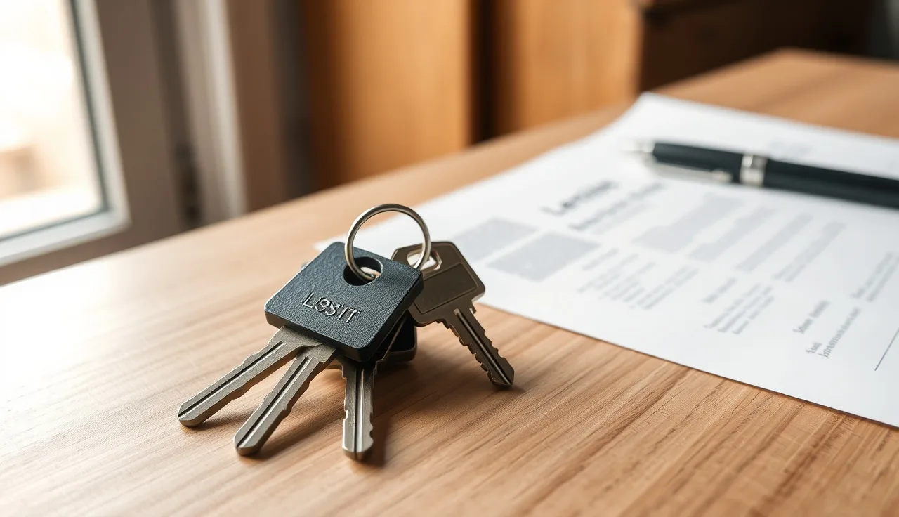 Two sets of house keys and a legal document on a wooden table, representing jointly owned rental property division in divorce