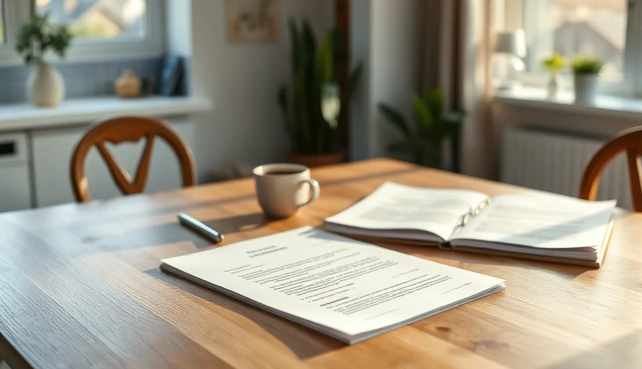 Signed divorce settlement documents on a kitchen table with life insurance paperwork