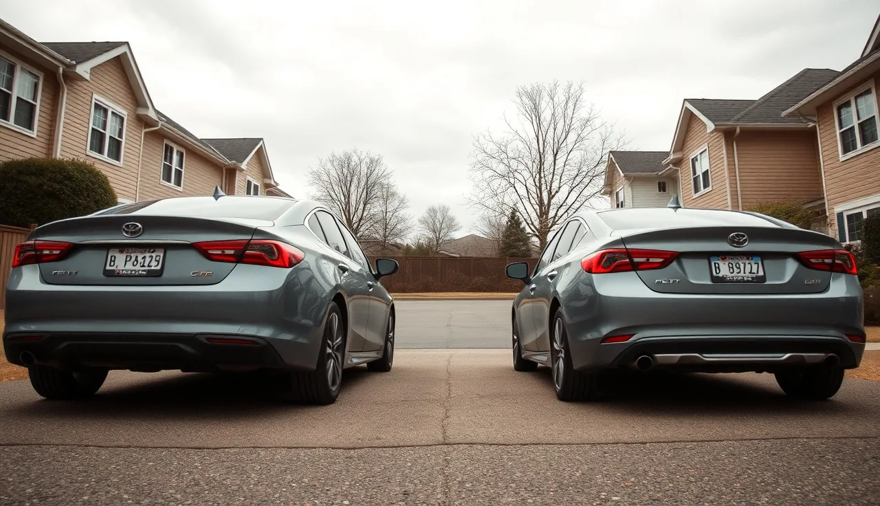Two cars parked side by side in a driveway during a divorce property division
