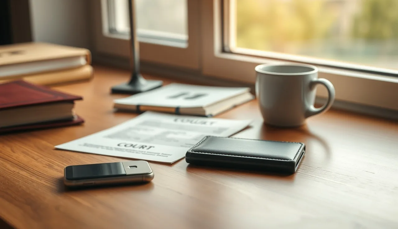 Hardware crypto wallet beside divorce paperwork on a wooden desk in afternoon light