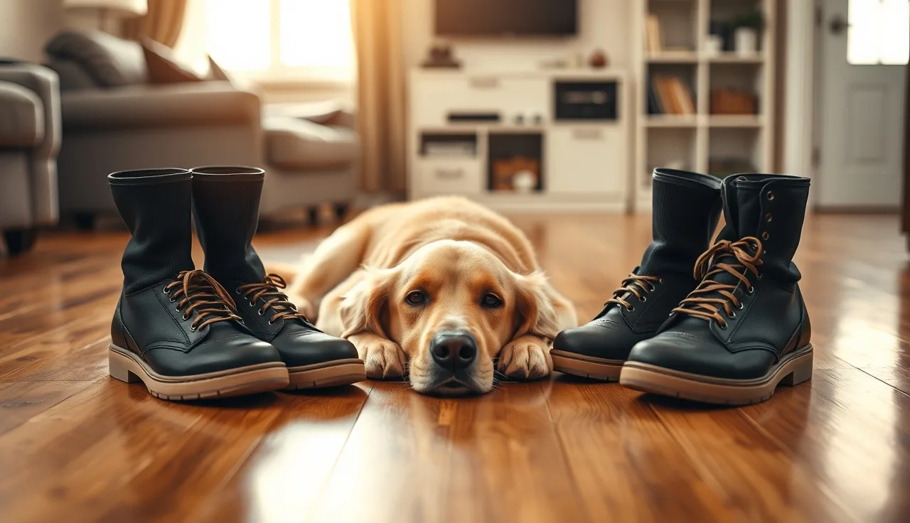 Golden retriever sitting between two people during a pet custody discussion at home