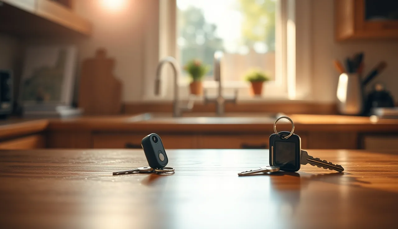 Two sets of house keys on a wooden counter representing home division in divorce