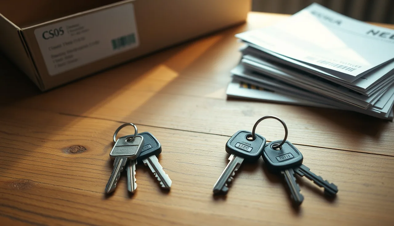 Two sets of house keys on a wooden table representing post-separation property division