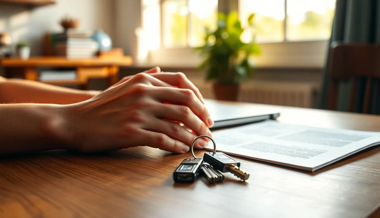 House keys and legal document on a kitchen table, representing a home transfer in divorce