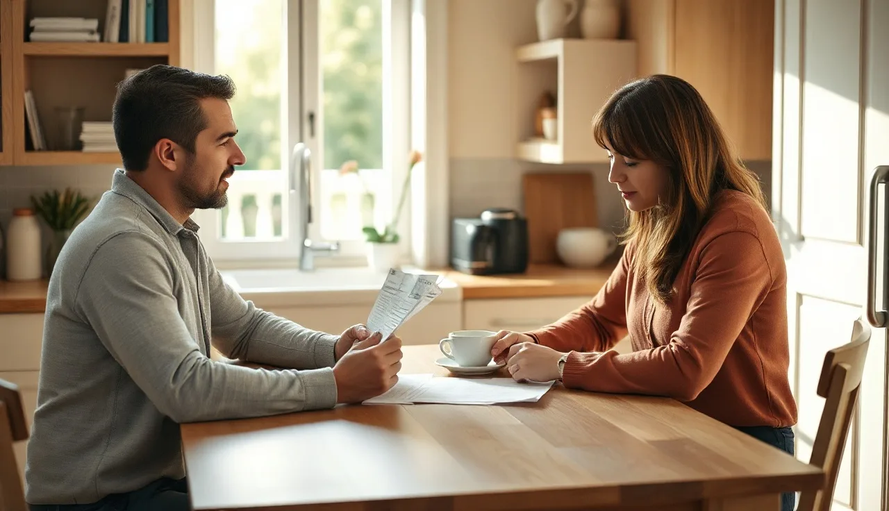Two people reviewing financial documents at a kitchen table discussing retirement account division
