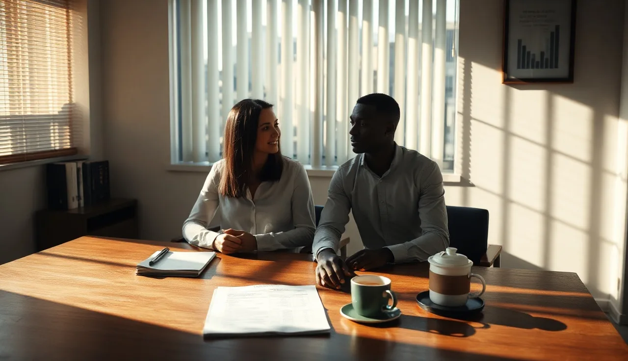 Two people reviewing stock option spreadsheet at wooden table in afternoon light